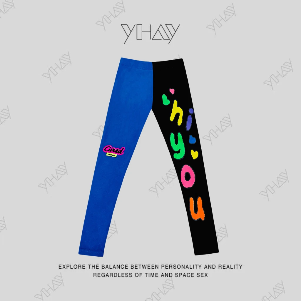 蓝黑拼彩色YOU字母潮牌休闲加厚打底裤GKF100