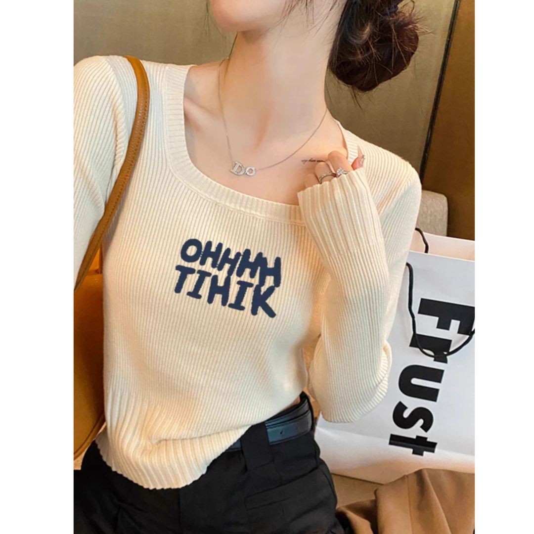 杏色内搭长袖针织衫秋装女款2025新款设计感小众修身显瘦打底上衣