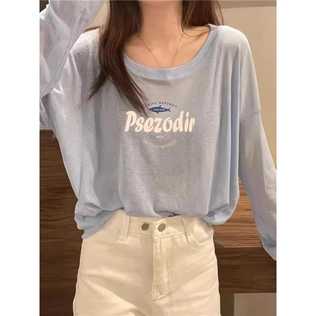 蓝色大领口长袖冰丝防晒罩衫女2025新款休闲宽松辣妹遮阳叠穿上衣