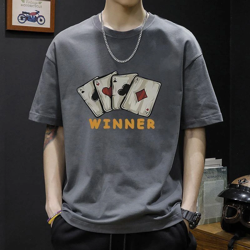 上衣纯棉潮印花短袖潮牌扑克衣服宽松tins重磅美式恤大码夏天搞笑