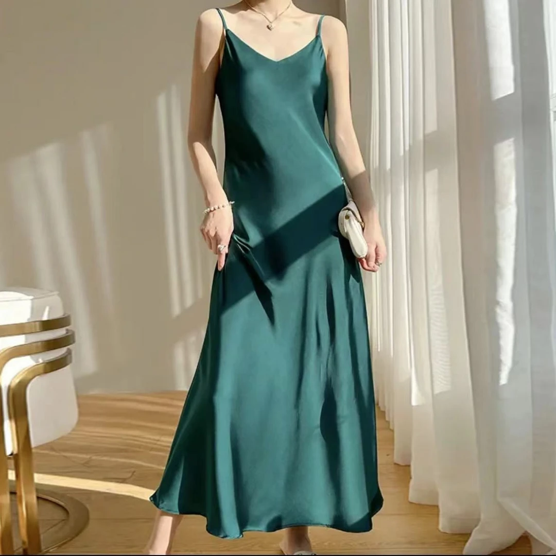 尊贵典雅法式缎面修身高档气质遮肉显瘦吊带连衣裙中国风冰雪丝夏