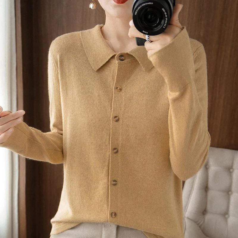 秋季POLO领羊毛针织外搭宽松长袖毛衣长袖针织衫开衫气质翻领洋气