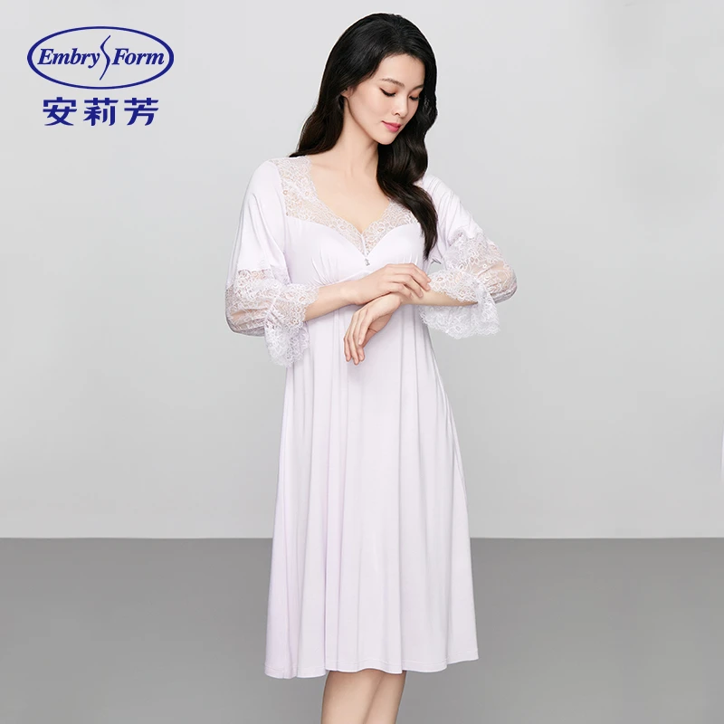 安莉芳睡裙女蕾丝带杯垫凉感抑菌柔软舒适显瘦家居可外穿ELW0674