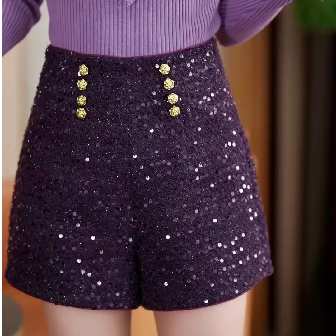 2024时尚冬季新款八颗金扣小香亮片高腰百搭A字气质阔腿短裤6968