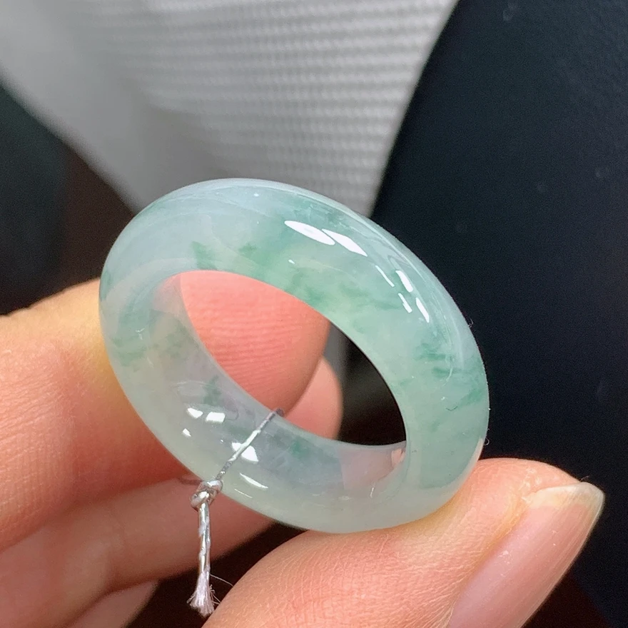 天然翡翠A货冰飘花宽边戒指15号戒圈内径17.5mm冰种透亮通透指环