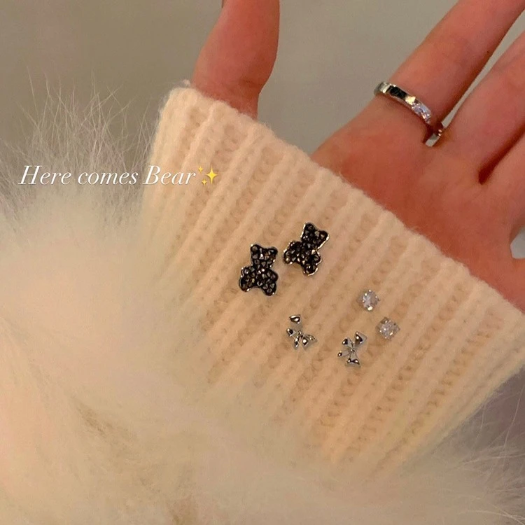 铜合金耳饰 AL3735 甜酷小熊六件套耳钉蝴蝶结耳环轻奢高级感冷淡