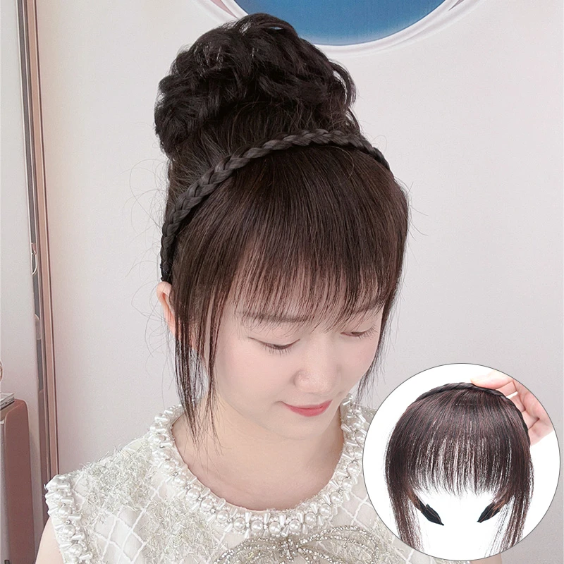 青韵夏季轻薄款辫子发箍刘海一体真发遮手织补发假发片女头顶假发