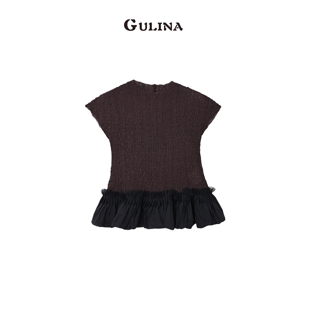 GULINA/娜姐【左岸咖啡】新款花瓣拼接褶皱收腰短袖T恤 5588