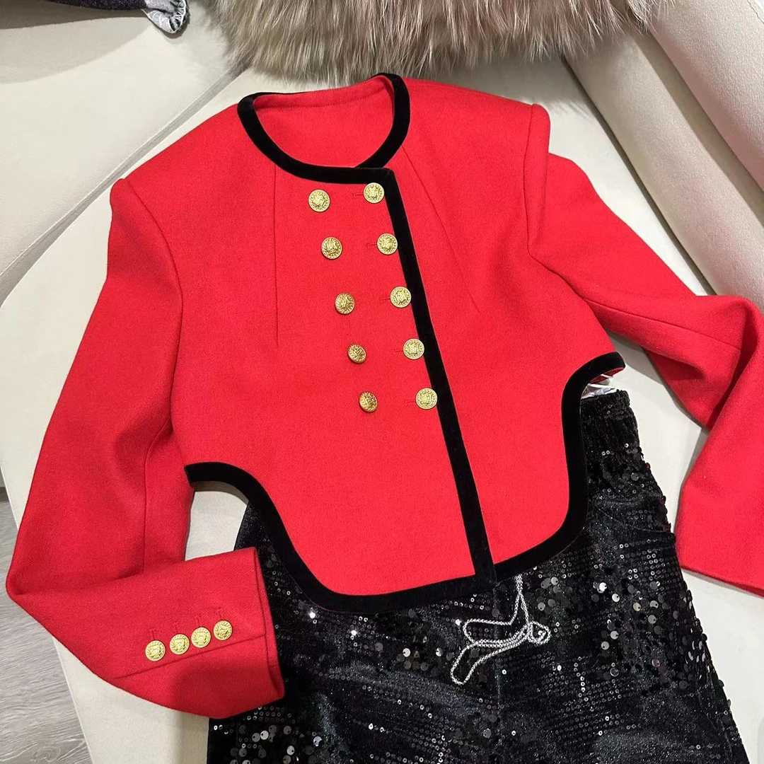 新年红双排扣圆领外套时髦外套女撞色边弧形下摆毛呢外套 231936