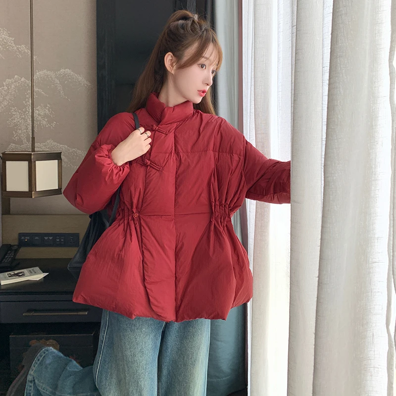 新中式立领红色羽绒服女2025冬季新款国风复古气质盘扣白鸭绒外套