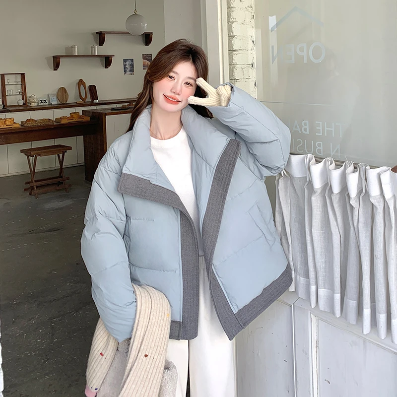 设计感超好看蓝色立领羽绒服女冬2025新款加厚90白鸭绒面包服外套