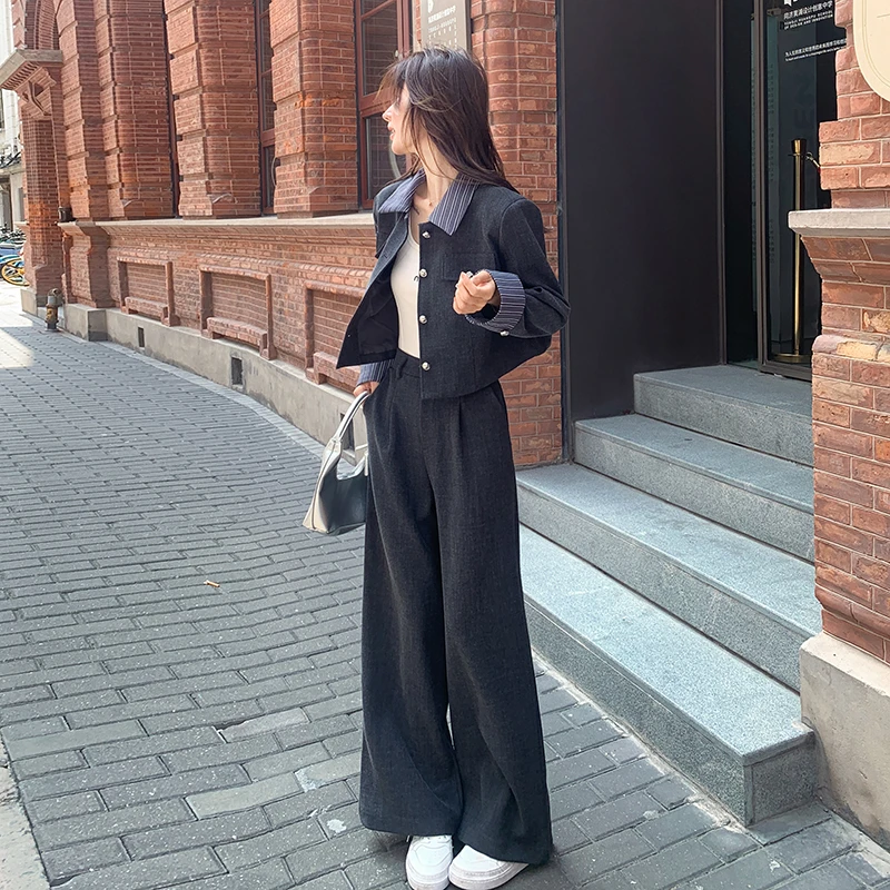 设计感小香风条纹拼接套装女2025年春秋新款时尚休闲阔腿裤两件套