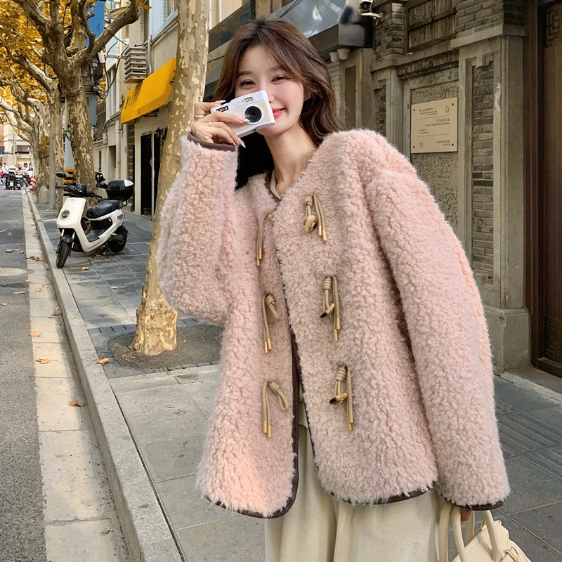 粉色小香风羊羔毛外套女2025秋冬新款韩系休闲皮毛一体颗粒绒大衣