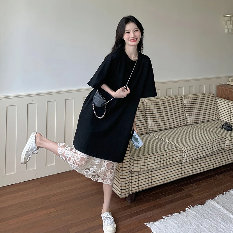 设计感叠穿蕾丝连衣裙套装女2025夏季新款休闲宽松T恤裙子两件套