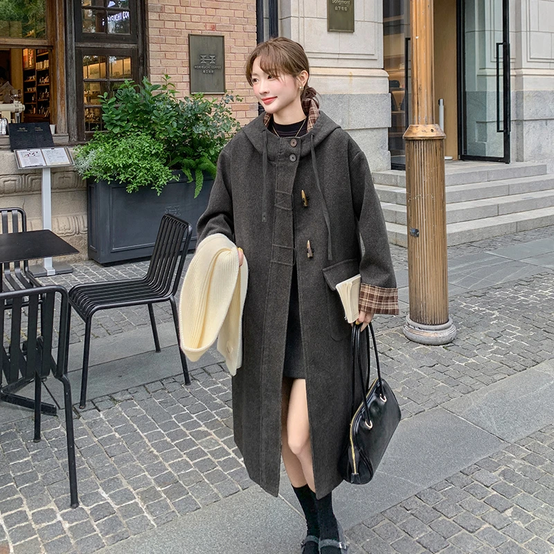 牛角扣连帽毛呢外套中长款冬2025新款韩系宽松加厚过膝呢子大衣女