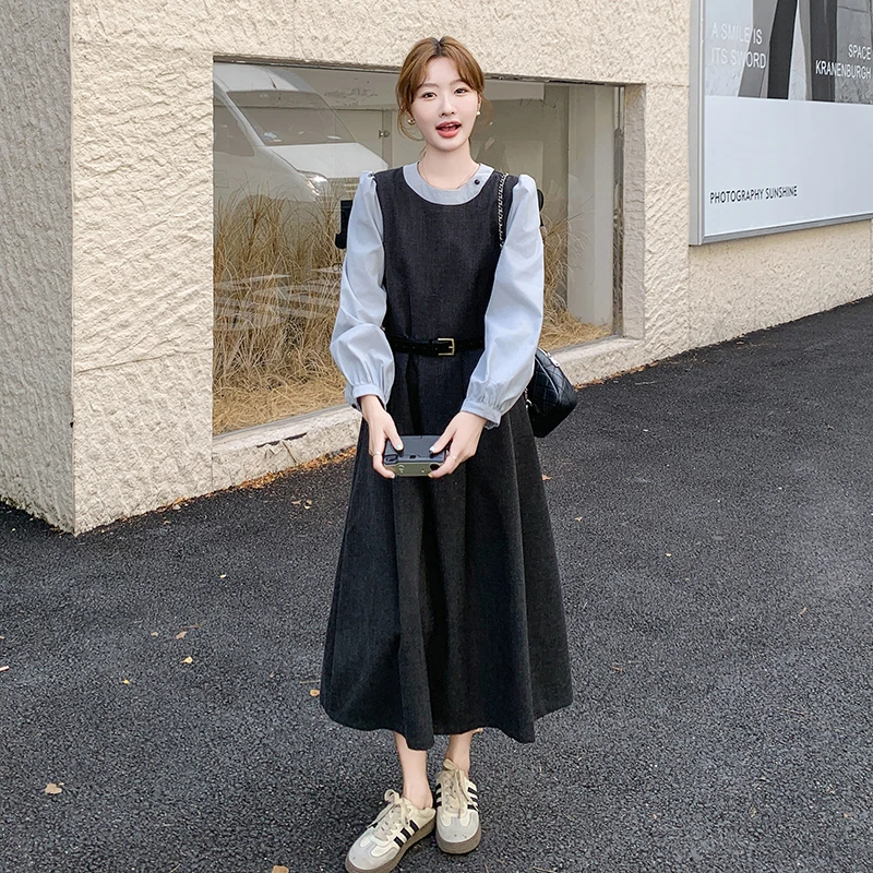 韩系假两件撞色拼接连衣裙女2025春秋新款休闲气质收腰显瘦裙子