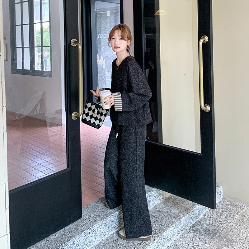 高级感黑灰色休闲套装女2025年春秋新款宽松遮肉显瘦阔腿裤两件套