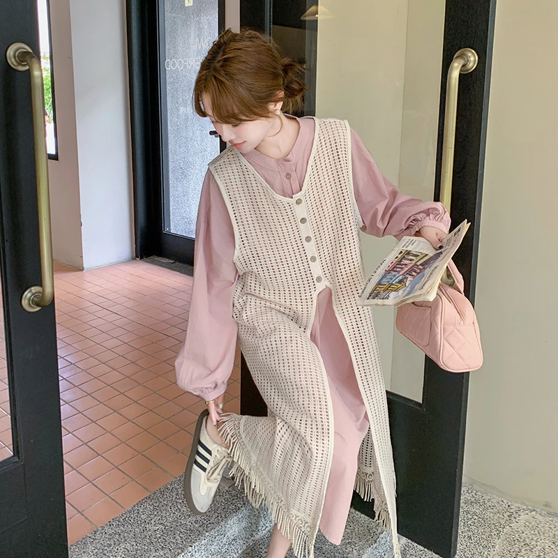 针织镂空罩衫粉色连衣裙套装女2025春秋新款休闲宽松衬衫裙两件套