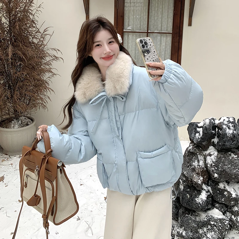 韩系甜美真毛领羽绒服女冬2024新款超好看小个子加厚白鸭绒短外套