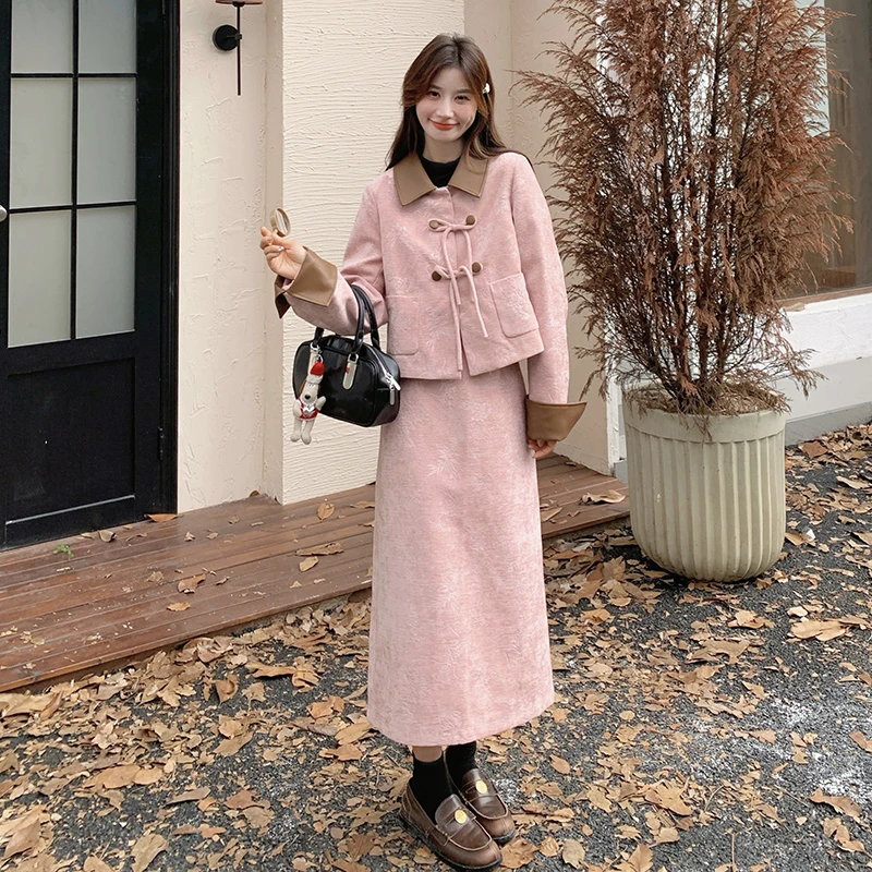 新中式提花粉色小香风套装女2025秋冬新款气质高端雪尼尔两件套裙