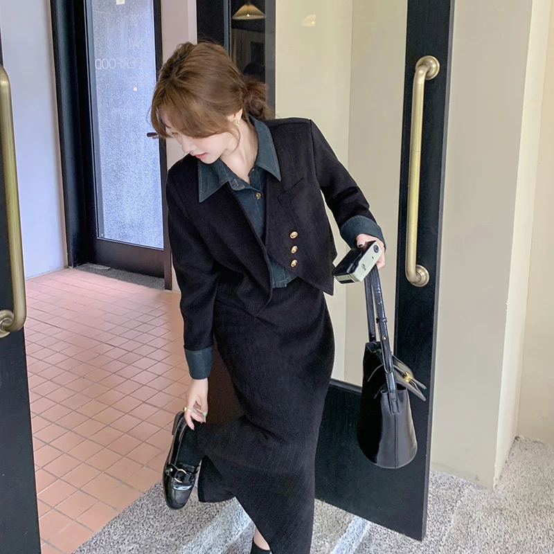 牛仔拼接灯芯绒套装女2025年春秋新款名媛气质高级感半身裙两件套