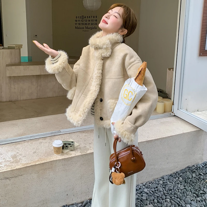 两面穿立领麂皮绒短外套女冬季2025年新款小个子加绒加厚皮毛一体