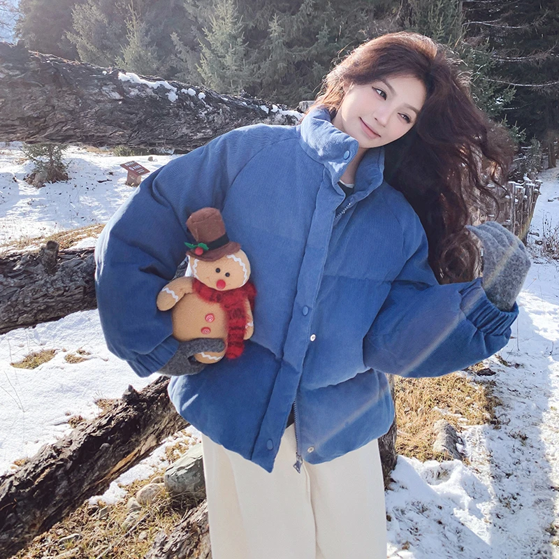 蓝色立领短款羽绒服女2025冬季新款小个子90白鸭绒保暖灯芯绒外套