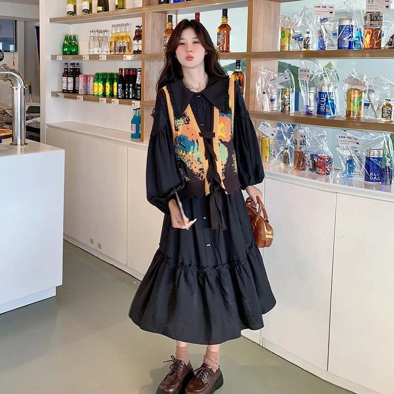 针织马甲黑色连衣裙套装女2025春秋新款时尚减龄娃娃领长裙两件套