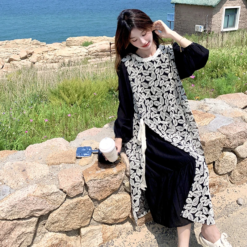 蕾丝罩衫叠穿连衣裙套装女2024年秋季新款休闲宽松慵懒风两件套裙