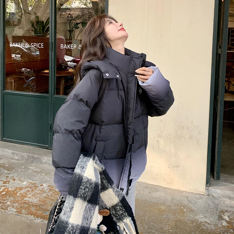 设计感渐变色短款羽绒服女冬季2025新款韩系小个子90白鸭绒面包服