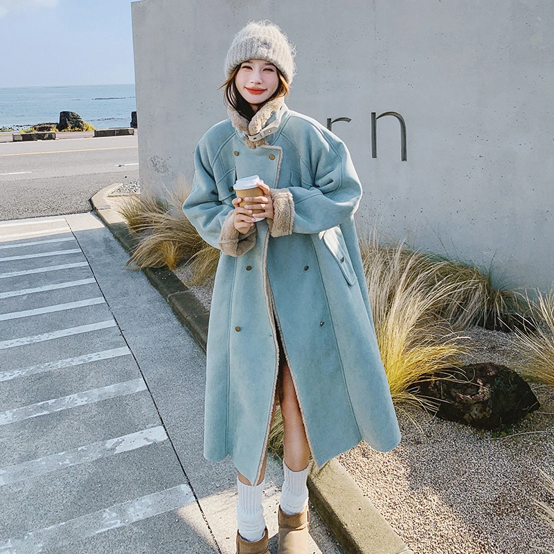 浅蓝色皮毛一体羊羔毛外套女2025冬季新款韩版宽松麂皮绒长款大衣