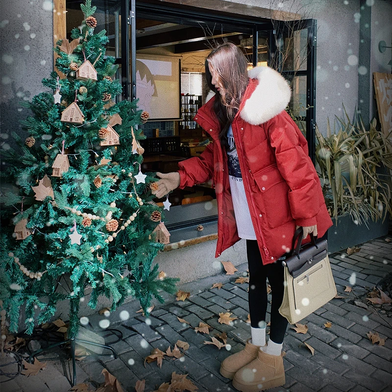 大毛领红色羽绒服女2024年冬季新款气质加厚保暖90白鸭绒连帽外套