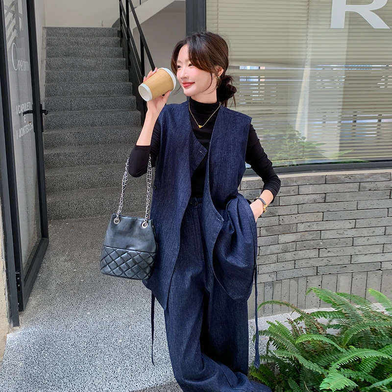 韩系松弛感牛仔马甲套装女2025秋季新款休闲气质宽松阔腿裤两件套