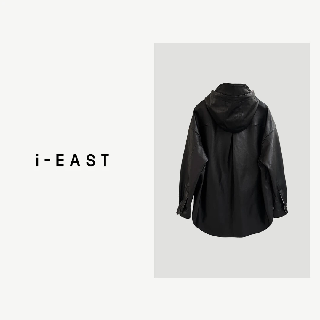 i-EAST牙里斯本~简约高级感连帽皮外套YZ2629时尚休闲高档皮衣