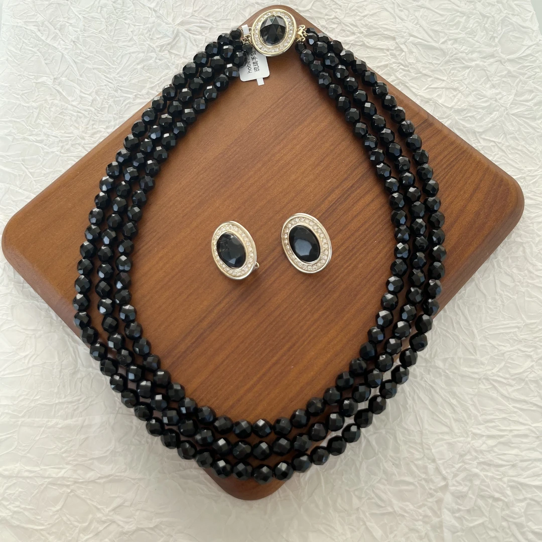 合金琉璃项链 hobe黑色琉璃项链耳夹