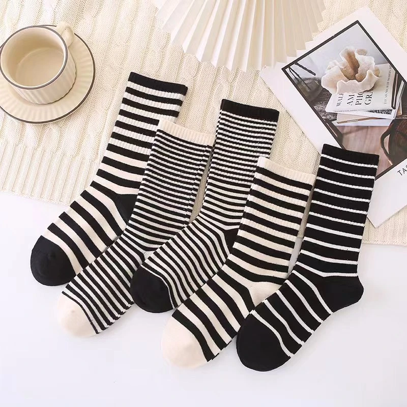 女款袜秋冬黑白条堆堆袜子