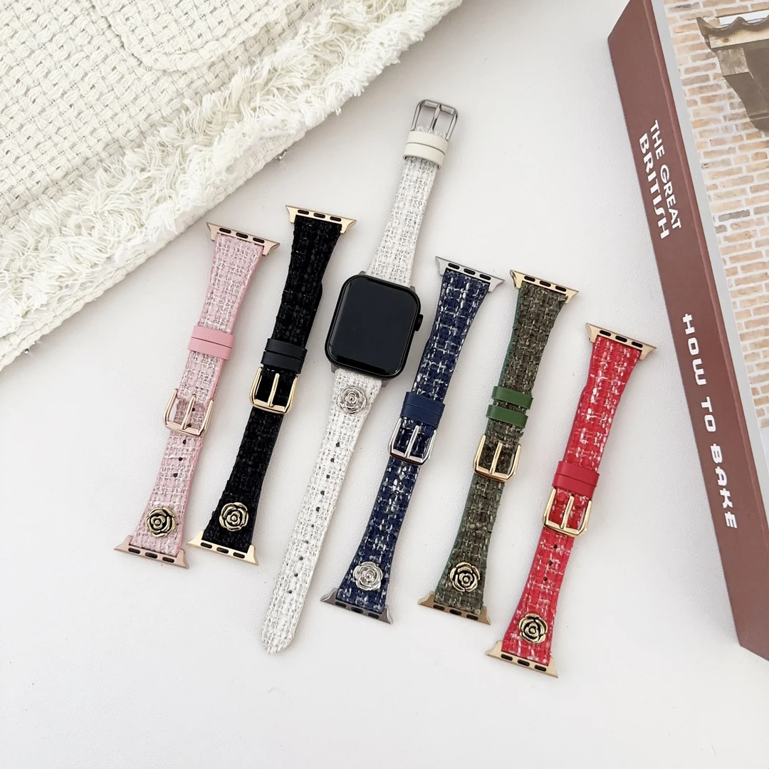 适用苹果se手表iwatch9简约秋冬款潮流新款山茶花小香风表带S8/s7