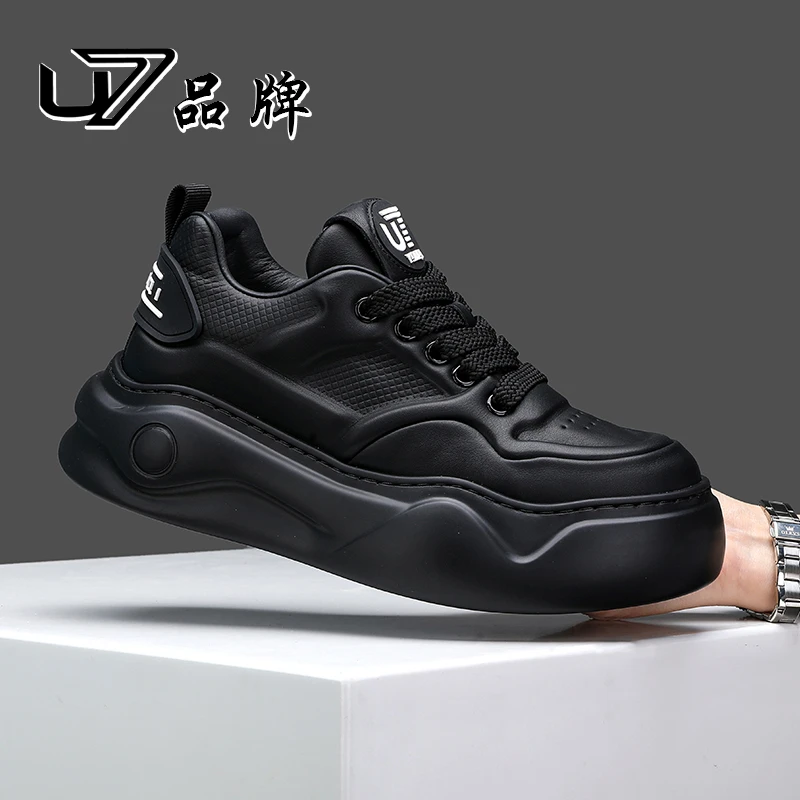 U7品牌男鞋2025新款时尚潮流厚底鞋真皮百搭男士休闲运动鞋