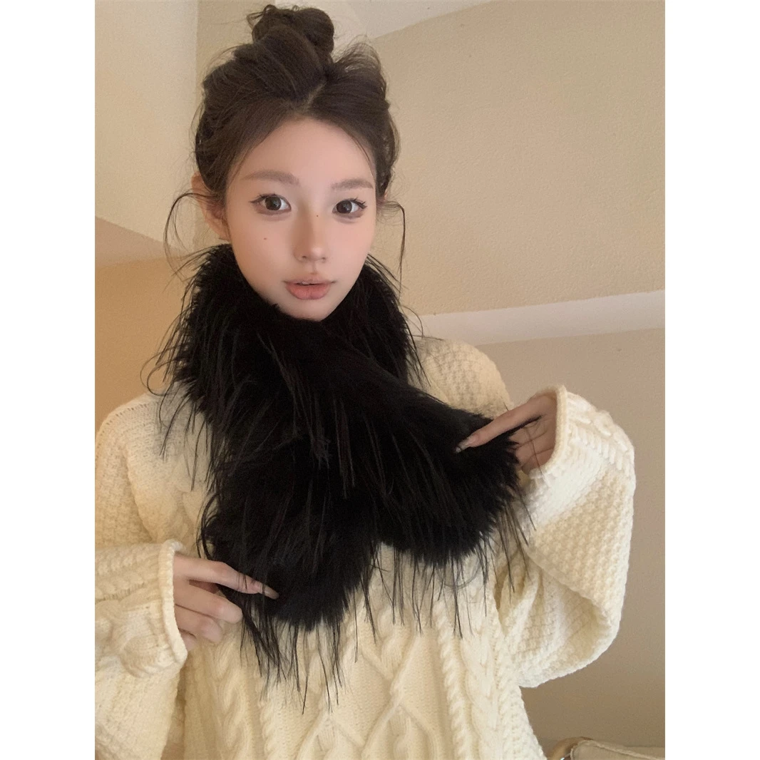 围巾女秋冬毛茸茸洋气高级感甜美气质纯色加厚保暖围脖网红针织