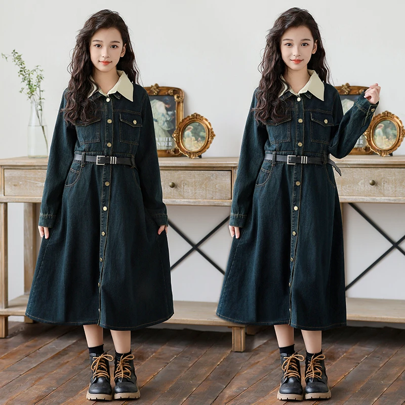 女童秋冬牛仔连衣裙2025新款中大童韩版复古港风裙子女孩气质长裙