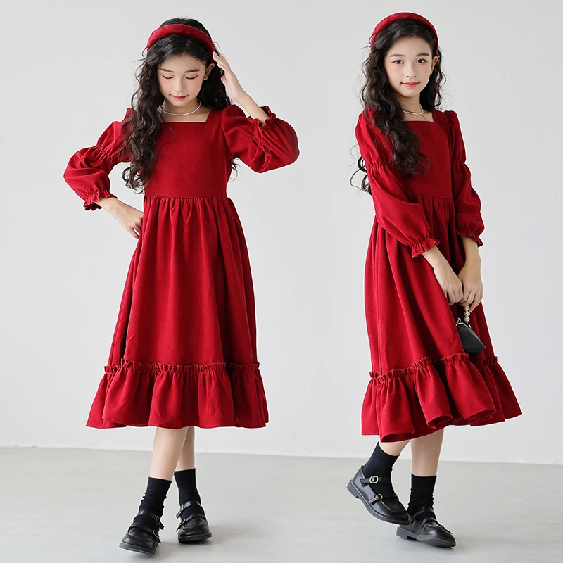 女童长袖秋冬连衣裙2025新款中大童韩版红色泡泡袖裙子女孩气质裙