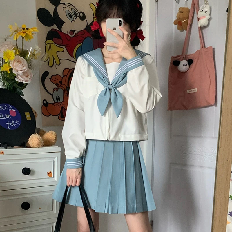 正版关西襟基础水手服中间服春夏款浅兰领三本白身水色JK学生制服