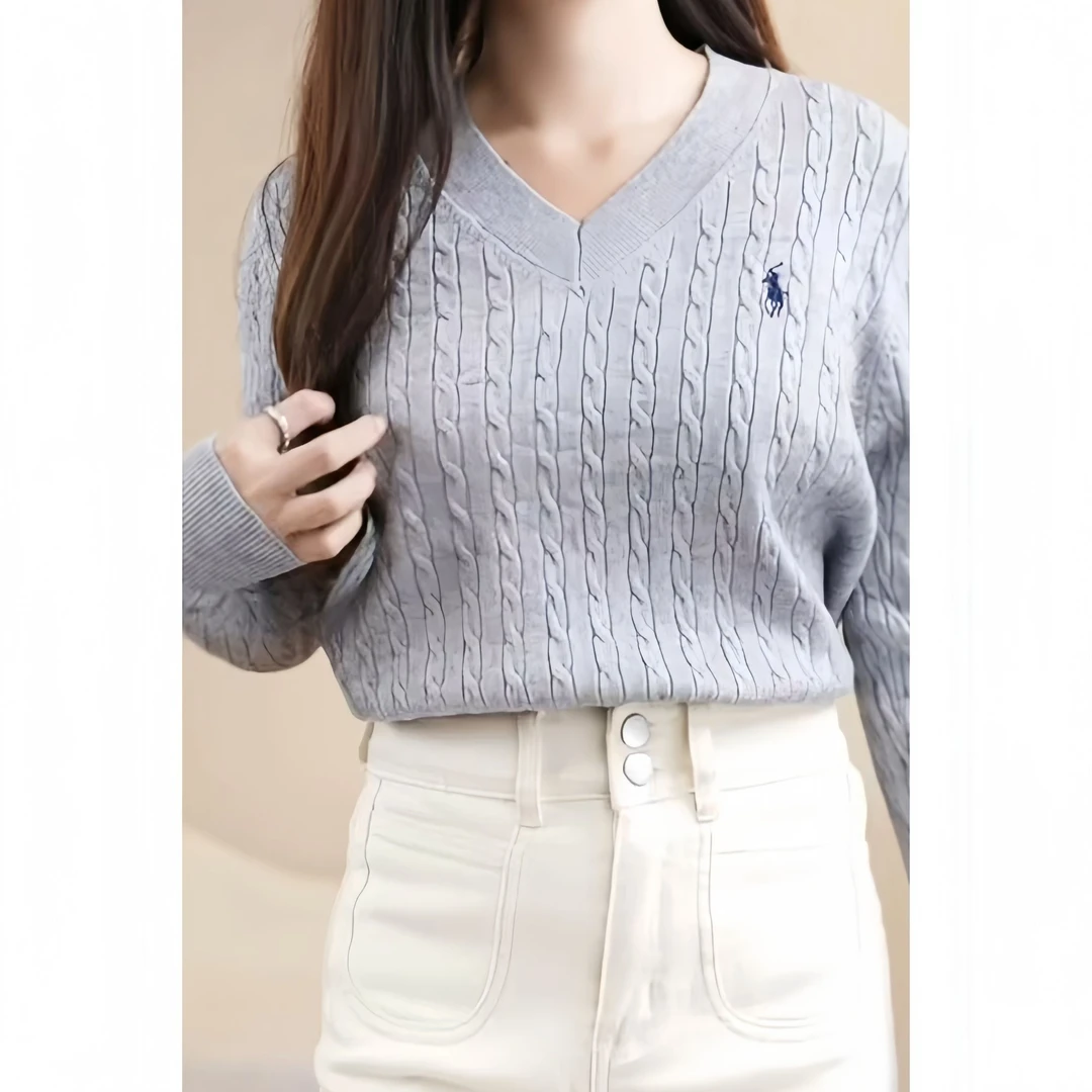 秋冬气质百搭弹力圆领套头长袖灰色针织衫