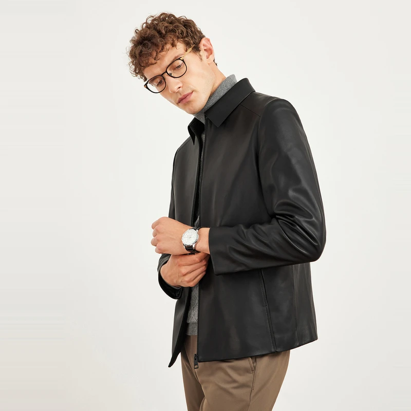 【门店同款皮衣】七匹狼官方高山绵羊皮真皮翻领拉链休闲商务皮衣