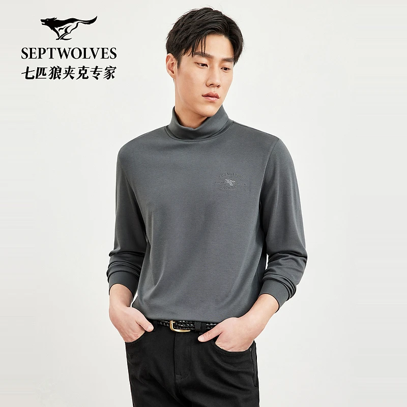 【刺绣亲肤】七匹狼男士秋季新款高领打底弹力休闲T恤1089