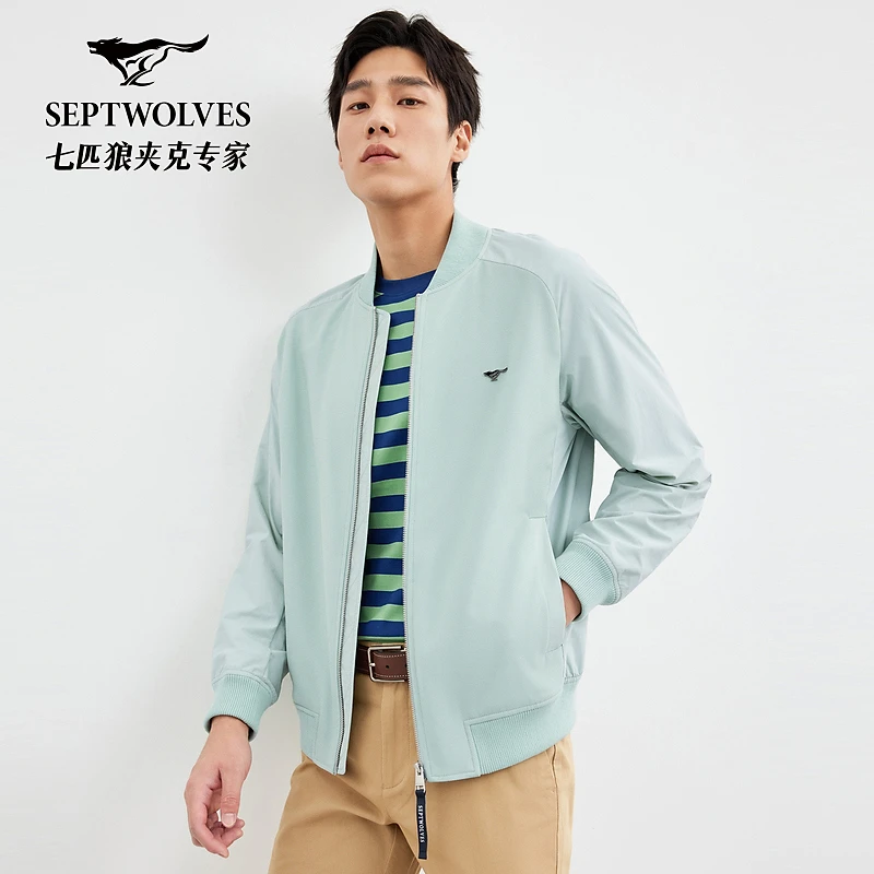 七匹狼官方男士新款春秋休闲百搭棒球领净色拼接夹克外套男款1108