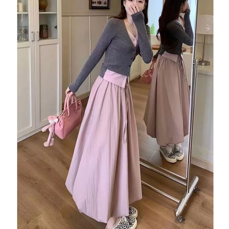 0803【金拐子专属】春秋新品时尚假两件上衣+连衣裙两件套装