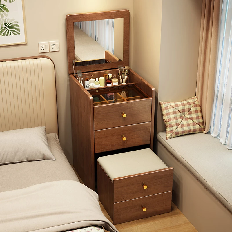 实木梳妆台斗柜一体化妆桌翻盖镜子家用卧室床边小型多功能收纳柜