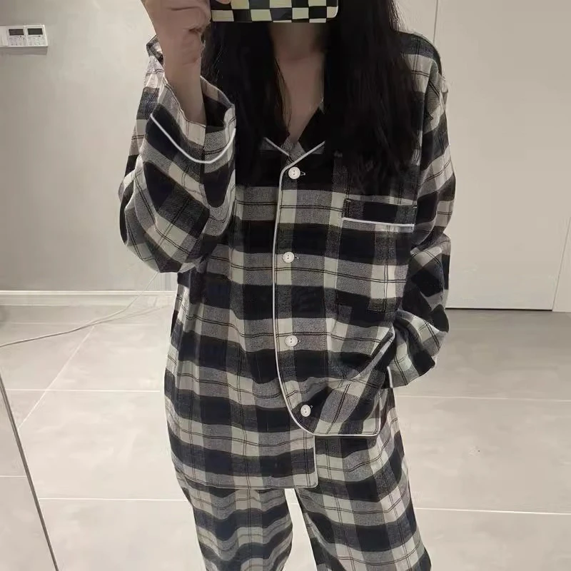 长袖睡衣女春夏季新款经典复古女士格纹开衫家居服两件套