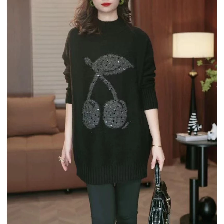 樱桃重工亮片半高领黑色毛衣女2024秋冬中长款慵懒风针织衫2822